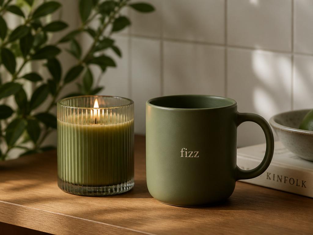 Olive candle and fizz mug on a wooden shelf
