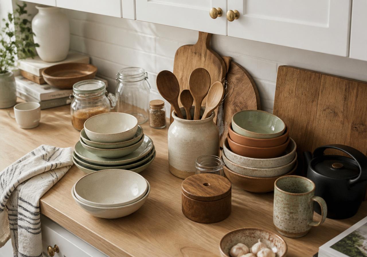 A cluttered kitchen counter